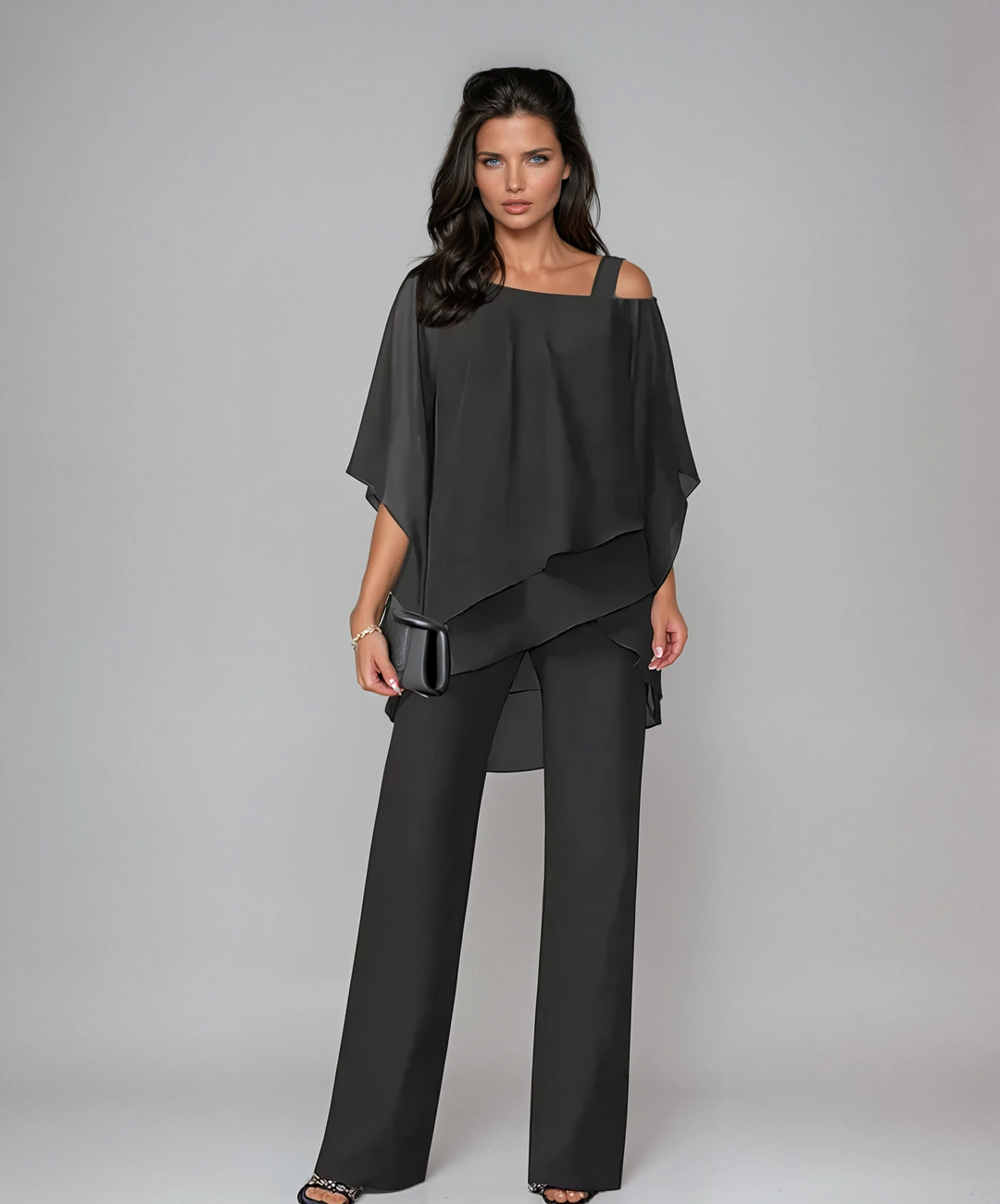 Women's Flowing Asymmetrical Layered Set in Black