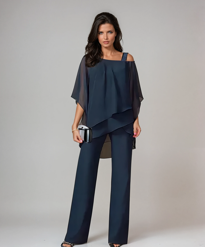 Women's Flowing Asymmetrical Layered Set in Navy