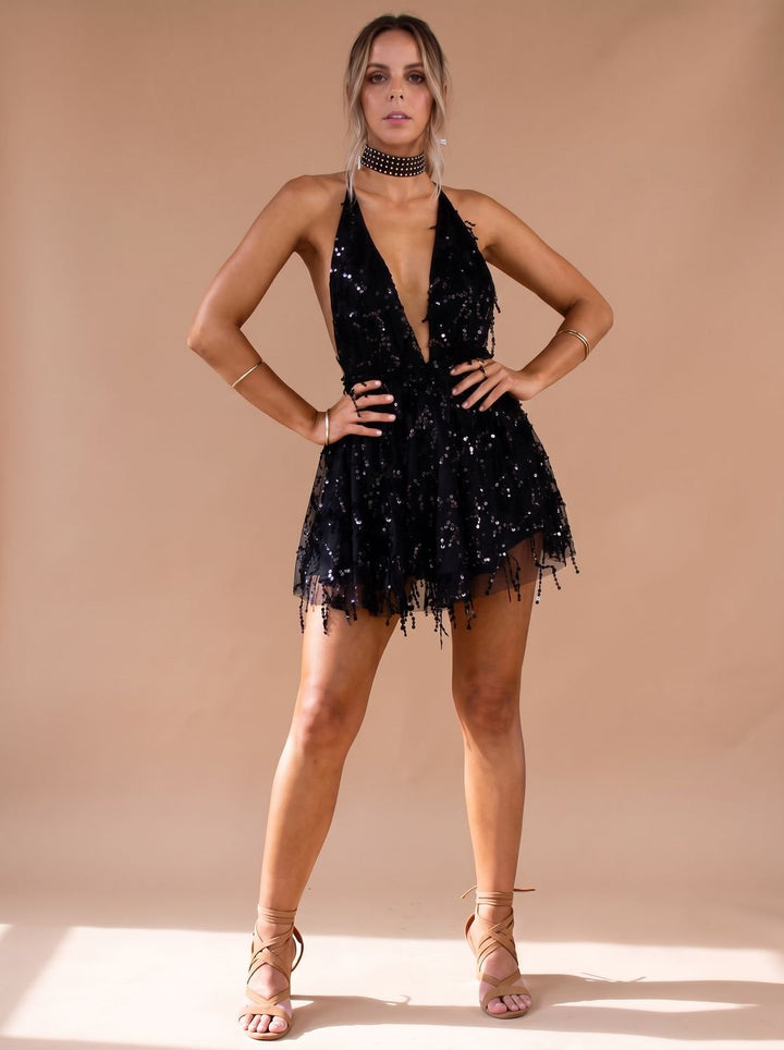 Women's Flowing Sequined Maxi Cocktail Dress in Black