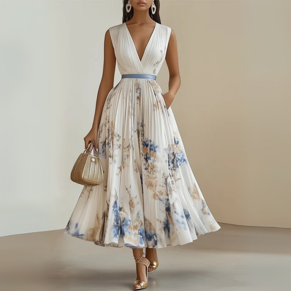 Women's Flowy Maxi Summer Dress for Celebrations in Beige 1