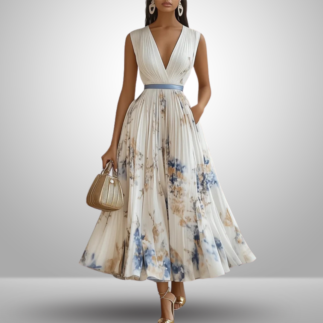 Women's Flowy Maxi Summer Dress for Celebrations in Beige 2