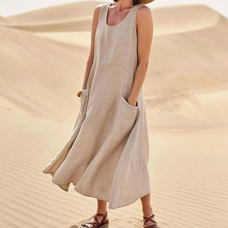 Women's Flowy Mini Beach Dress for Summer in Beige