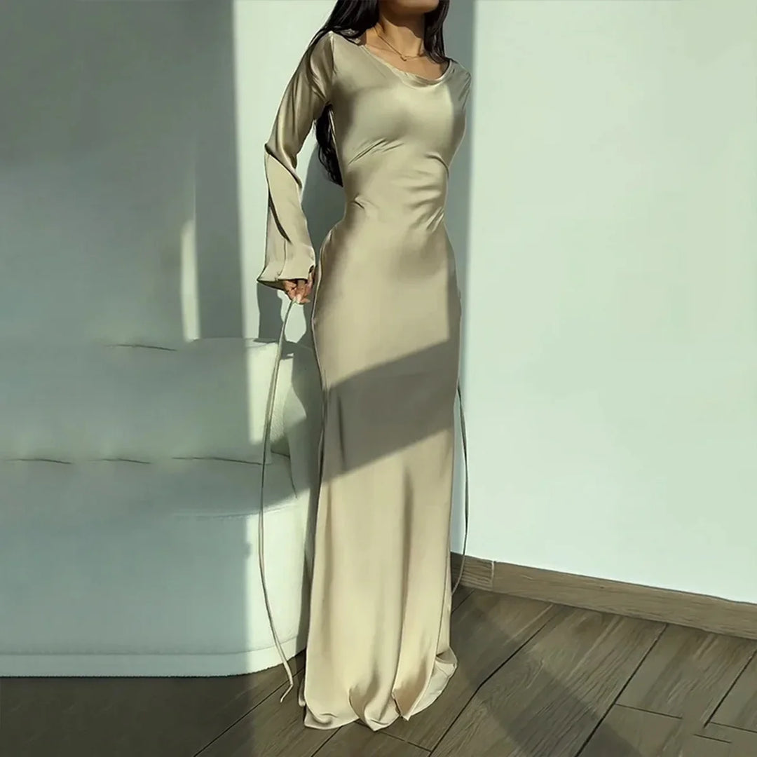 Women's Formal Cocktail Maxi Dress with Bell Sleeves in Beige