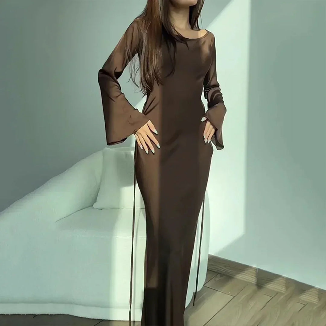 Women's Formal Cocktail Maxi Dress with Bell Sleeves in Brown