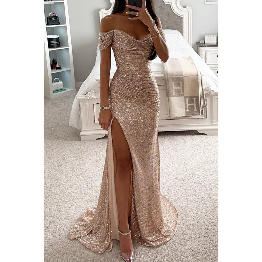 Women's Glamorous Wedding Guest Evening Dress in Beige