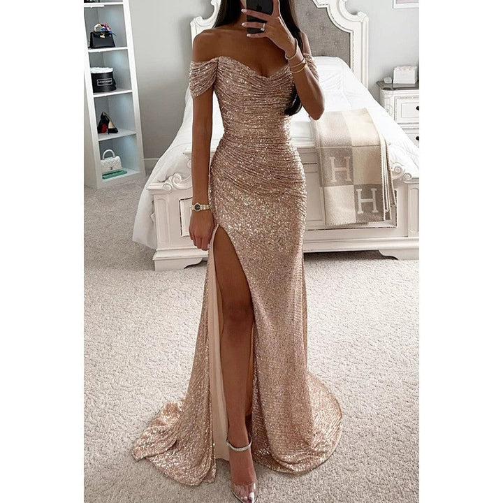 Women's Glamorous Wedding Guest Evening Dress in Beige