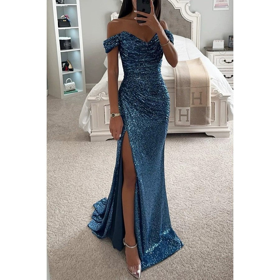 Women's Glamorous Wedding Guest Evening Dress in Peacock Blue