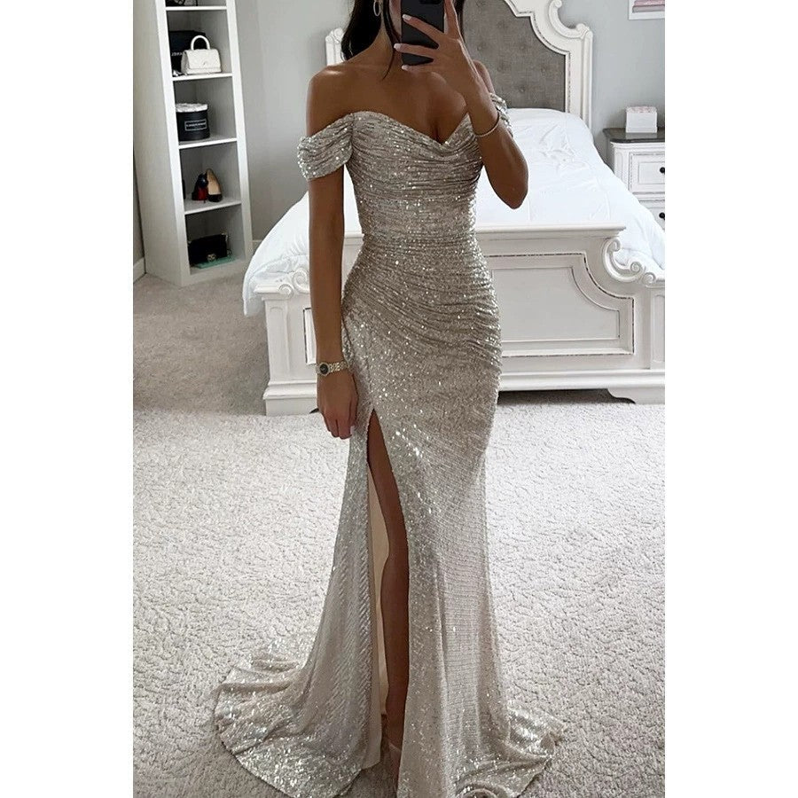 Women's Glamorous Wedding Guest Evening Dress in Silver-coloured