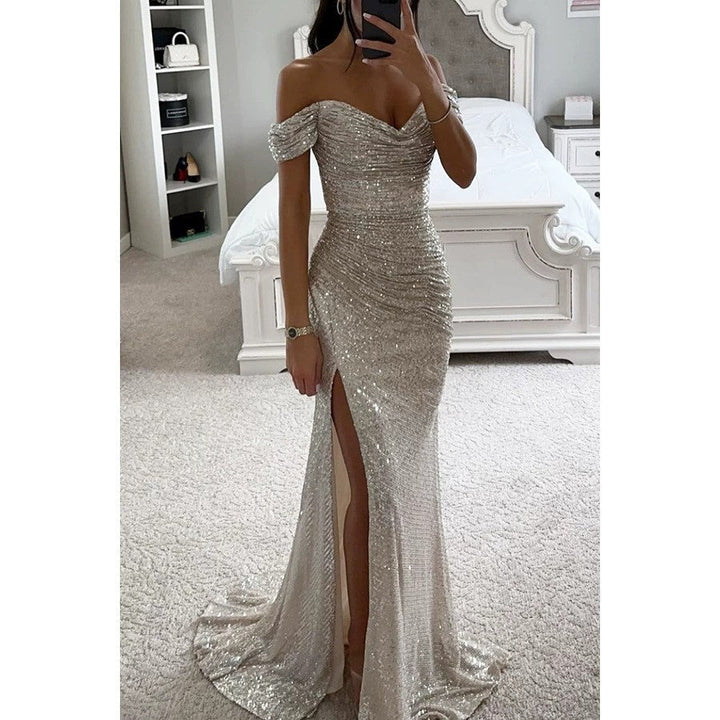 Women's Glamorous Wedding Guest Evening Dress in Silver-coloured