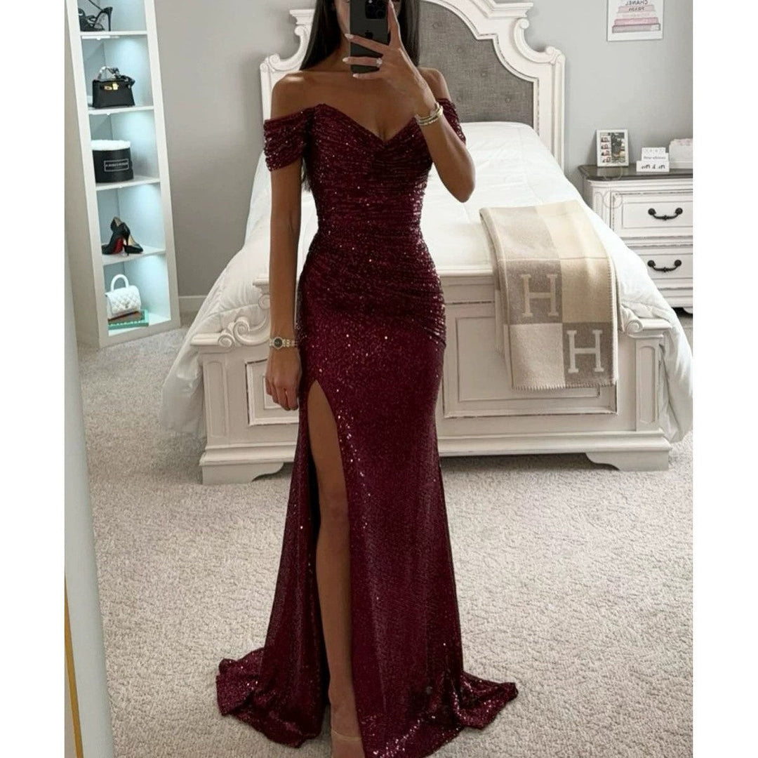 Women's Glamorous Wedding Guest Evening Dress in Wine red