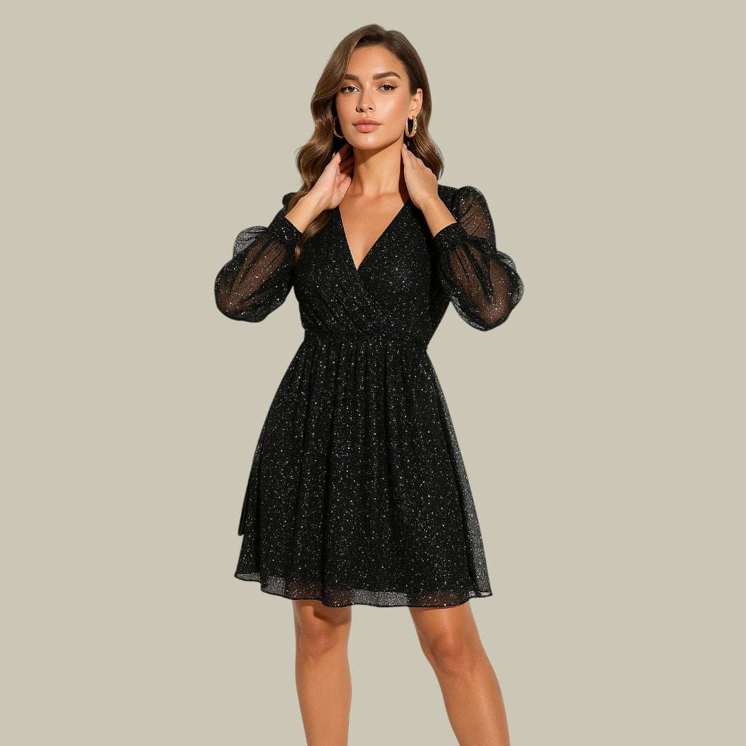 Women's Glitter Cocktail Dress Puff Sleeves | Mini Evening in Black