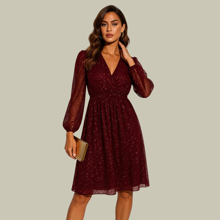 Women's Glitter Cocktail Dress Puff Sleeves | Mini Evening in Red