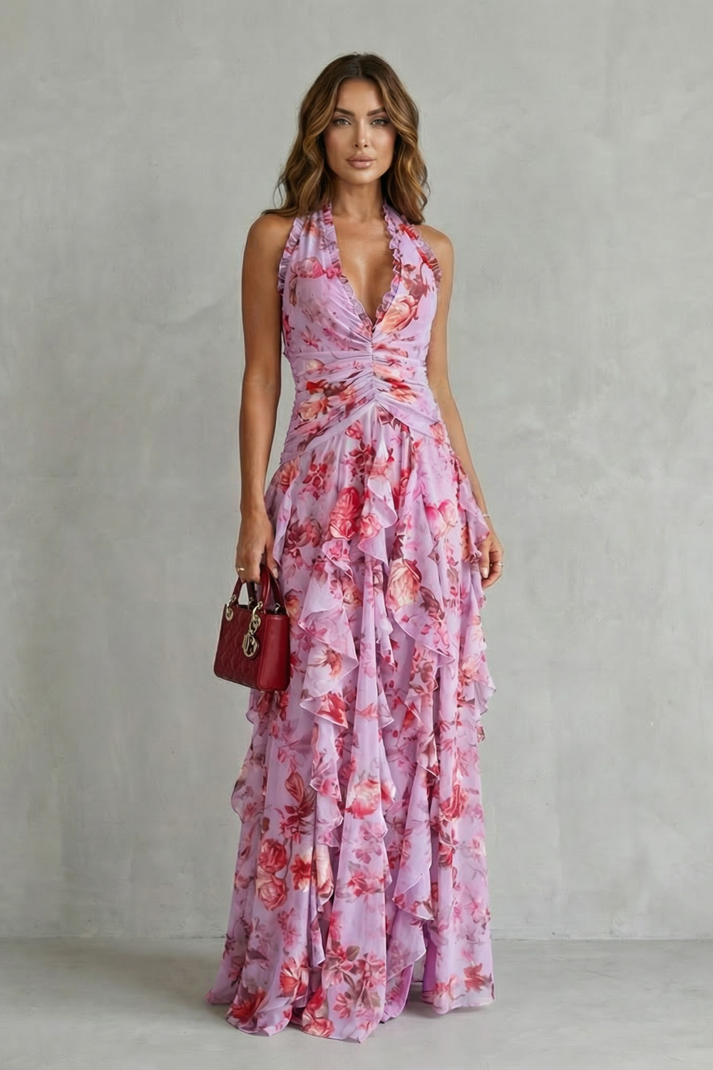 Women's Halter Maxi Dress with Floral Print (2)
