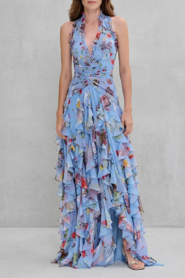 Women's Halter Maxi Dress with Floral Print in Blue