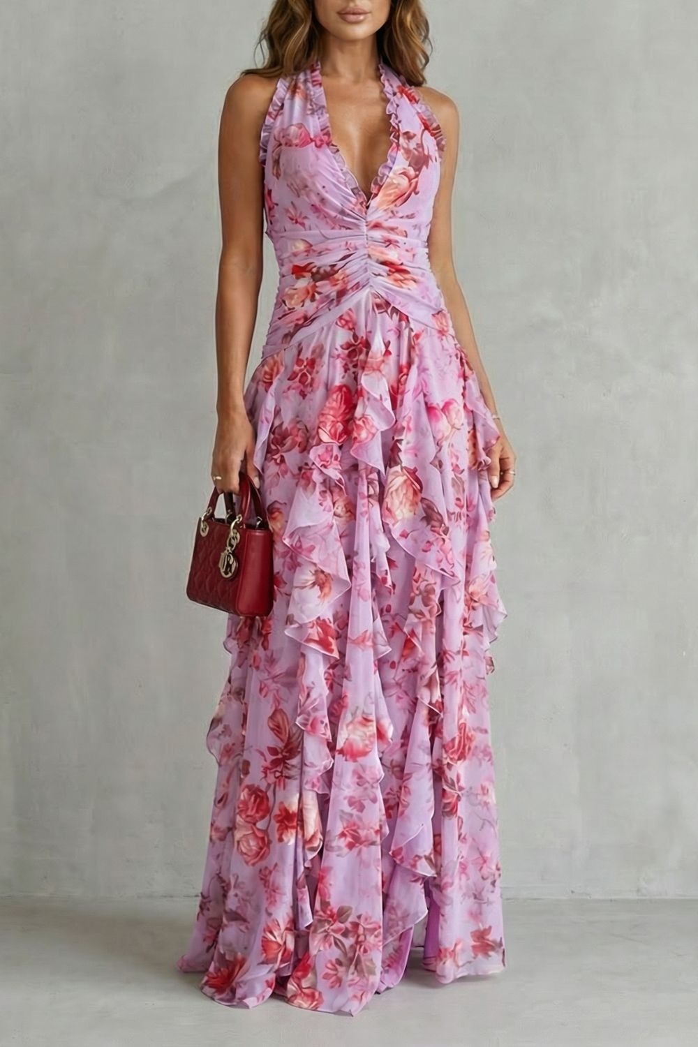 Women's Halter Maxi Dress with Floral Print in Pink