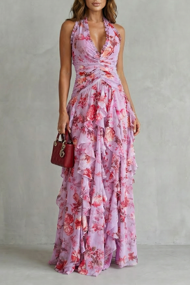 Women's Halter Maxi Dress with Floral Print in Pink
