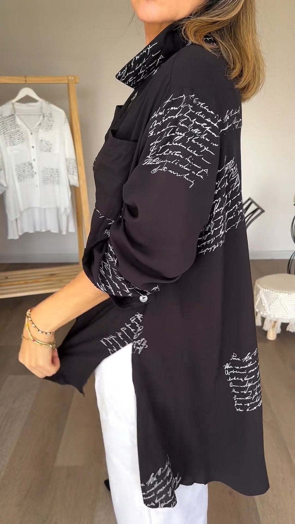 Women's Handwritten Print Button-Up Shirt (2)
