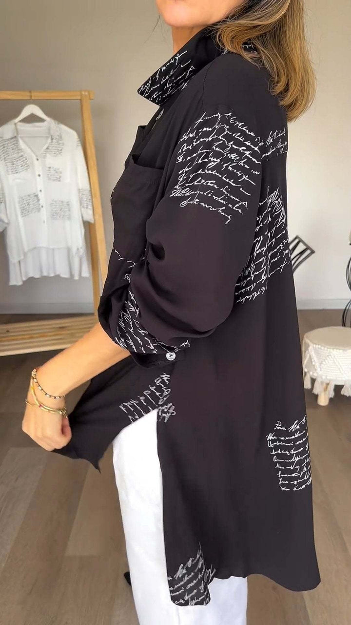 Women's Handwritten Print Button-Up Shirt (2)
