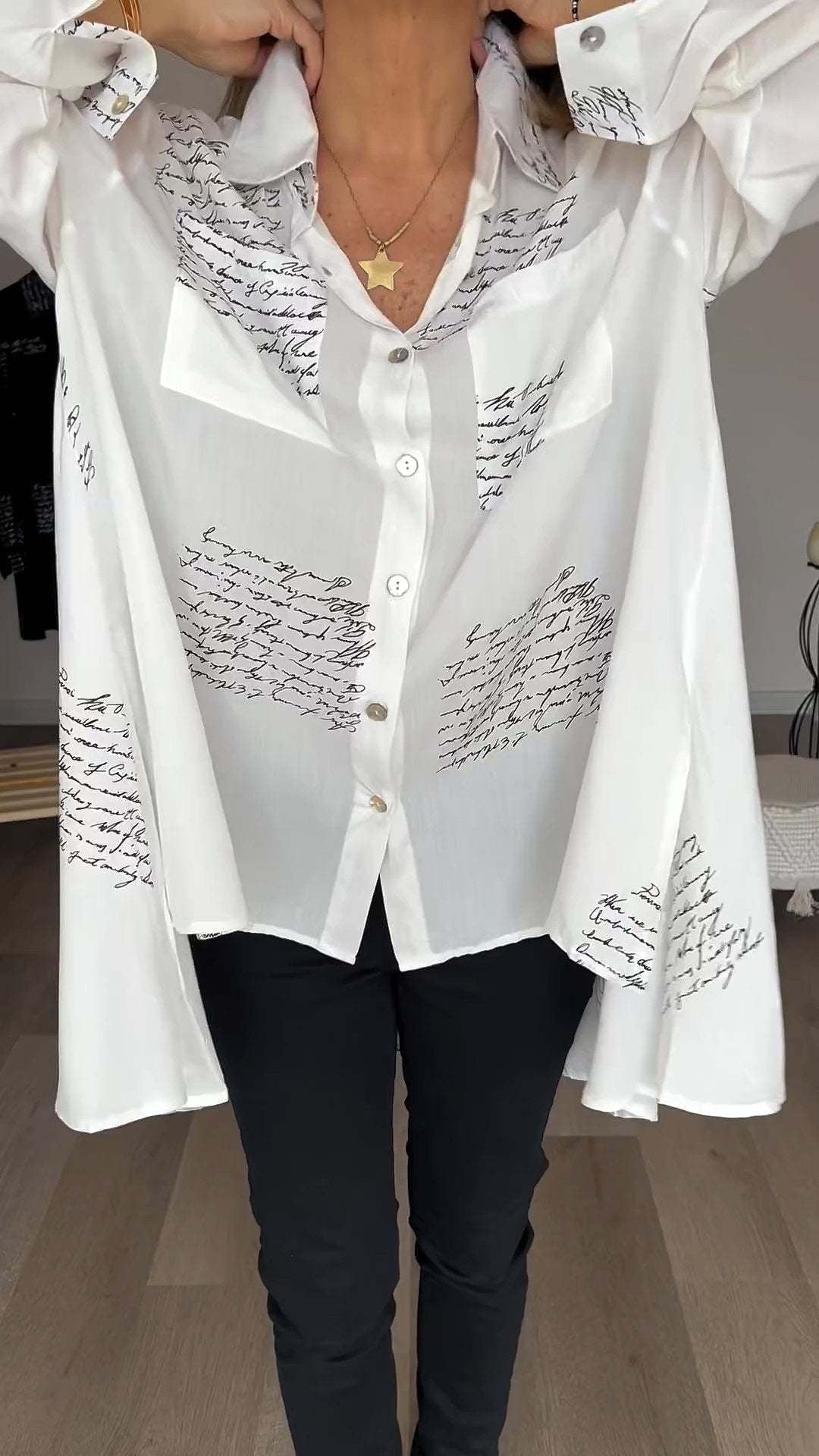 Women's Handwritten Print Button-Up Shirt (4)