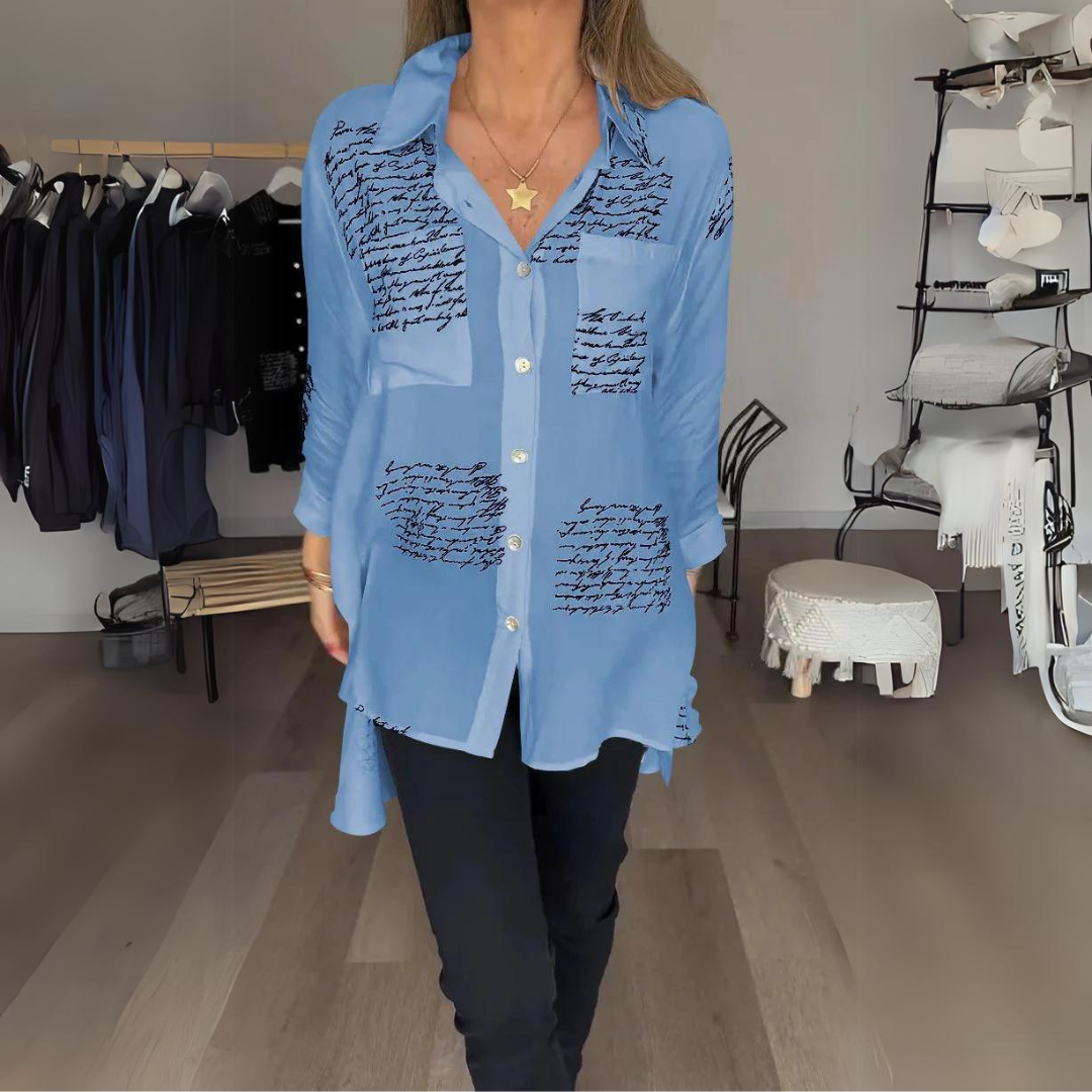 Women's Handwritten Print Button-Up Shirt in Blue