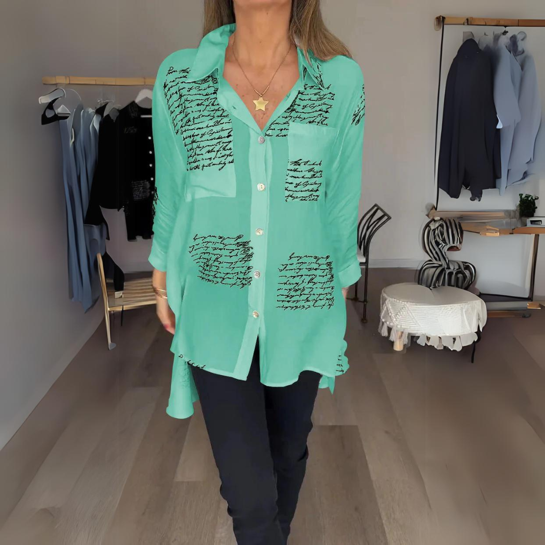 Women's Handwritten Print Button-Up Shirt in Green