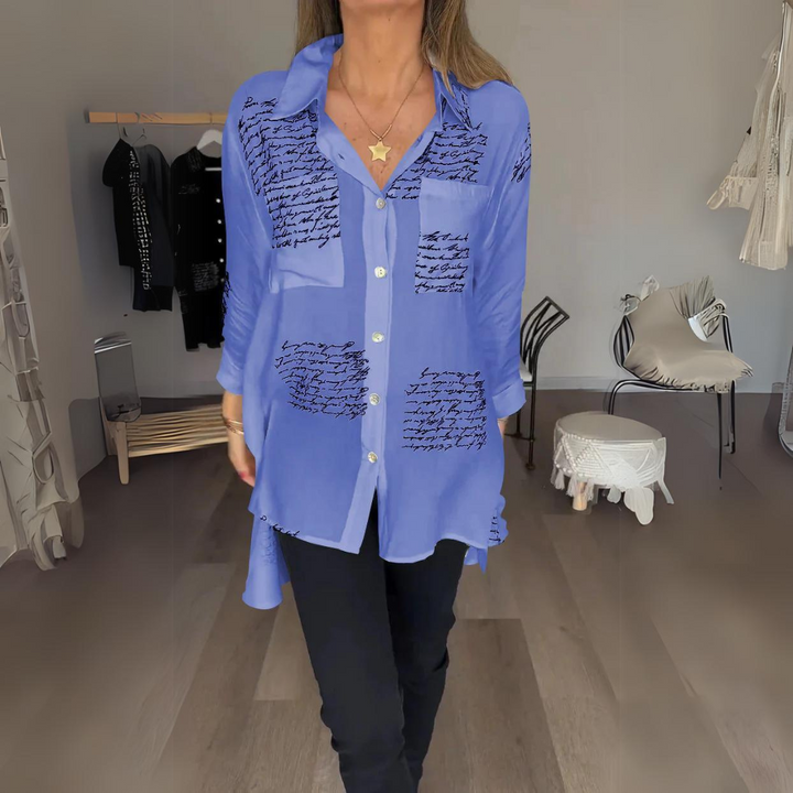 Women's Handwritten Print Button-Up Shirt in Purple