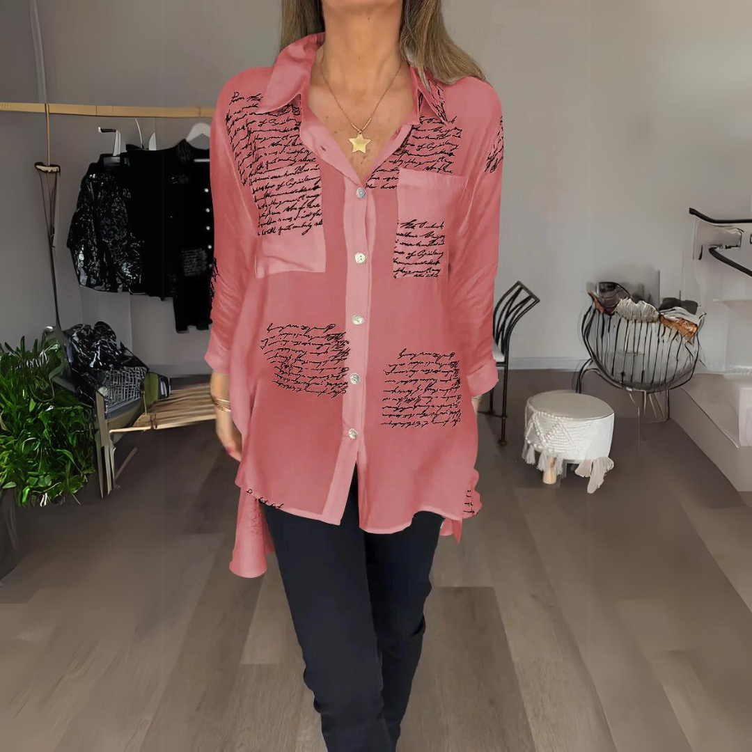 Women's Handwritten Print Button-Up Shirt in Rot (Fast ausverkauft)