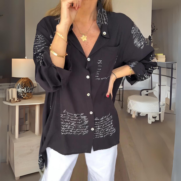 Women's Handwritten Print Button-Up Shirt in Schwarz (Fast ausverkauft)