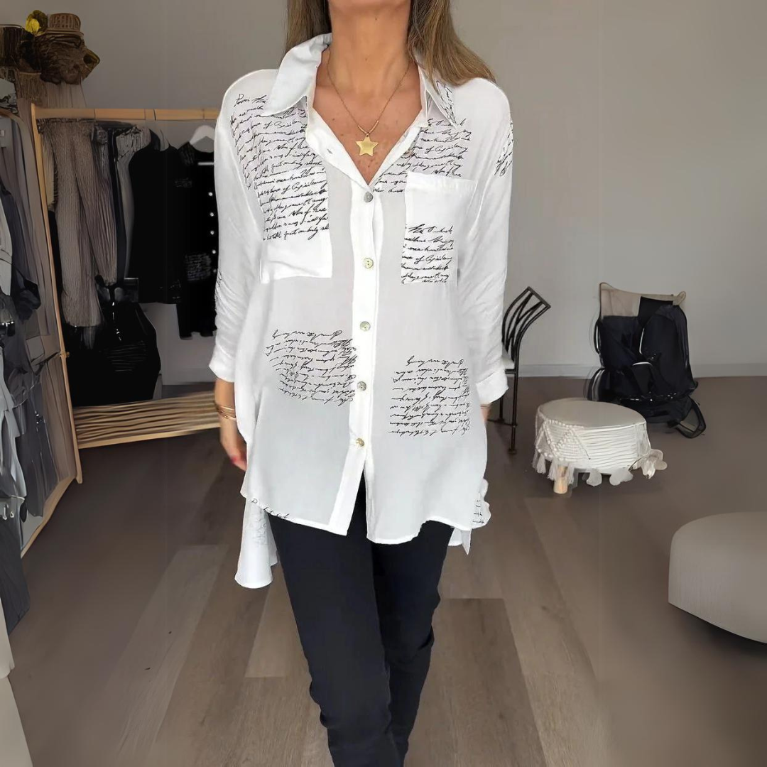Women's Handwritten Print Button-Up Shirt in Weiß (Fast ausverkauft)