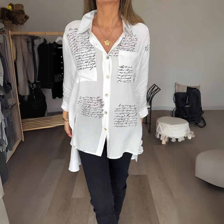 Women's Handwritten Print Button-Up Shirt in Weiß (Fast ausverkauft)
