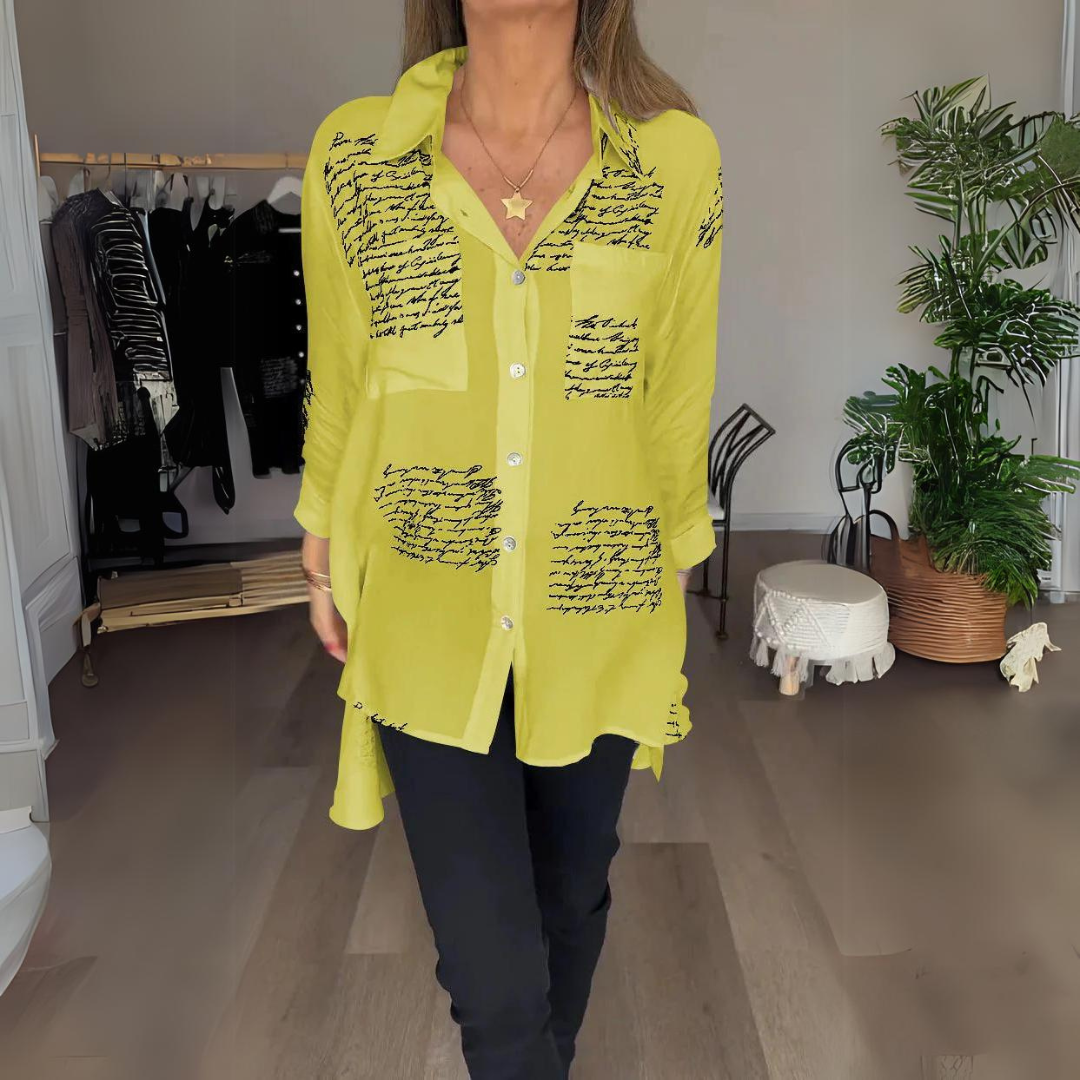 Women's Handwritten Print Button-Up Shirt in Yellow