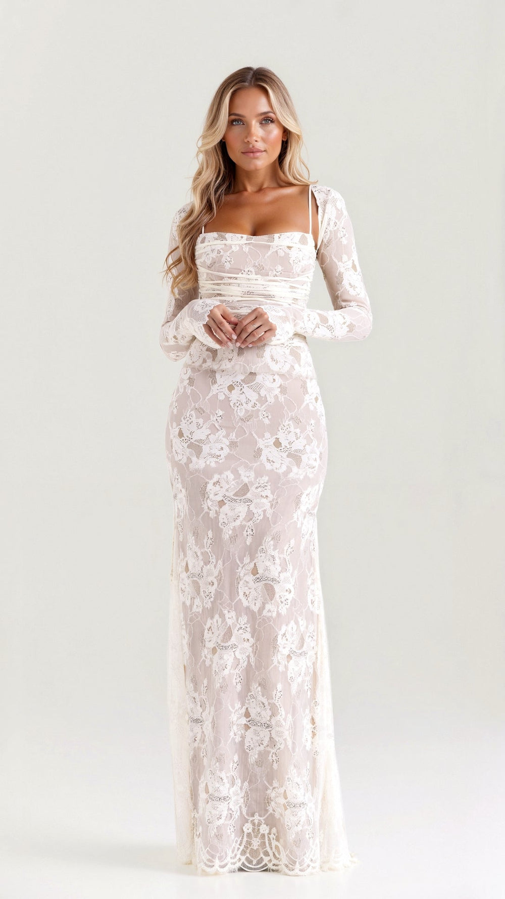 Women's Lace Corset Maxi Dress for Wedding Guests in Biały