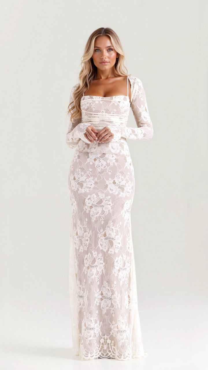 Women's Lace Corset Maxi Dress for Wedding Guests in Biały