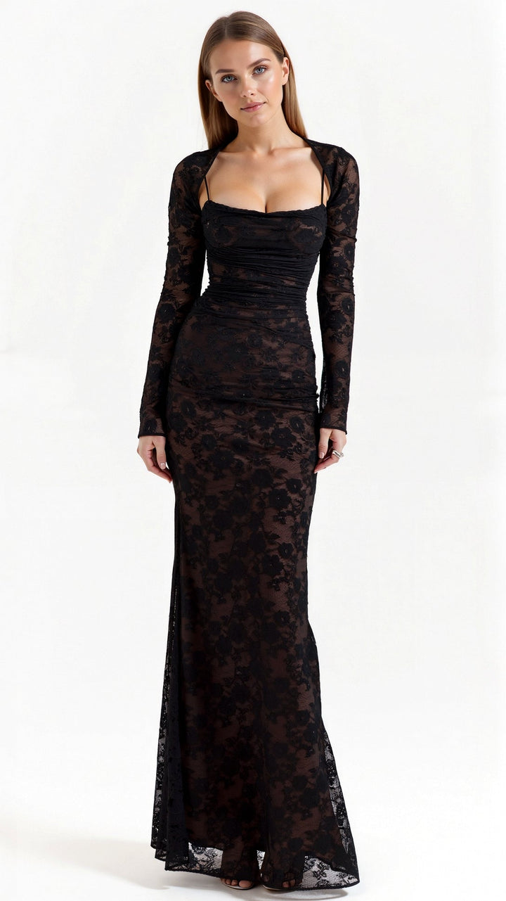 Women's Lace Corset Maxi Dress for Wedding Guests in Black