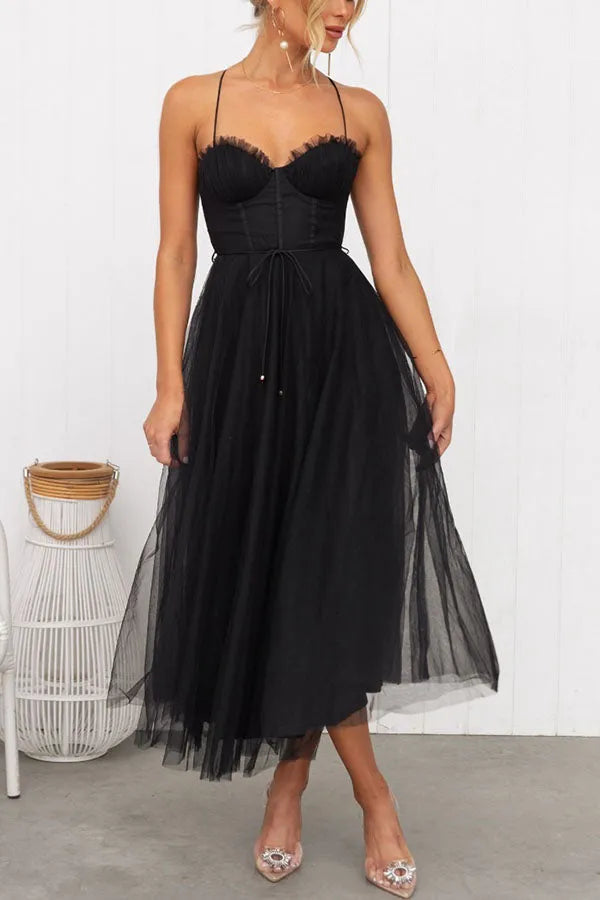 Women's Lace Midi Dress for Summer Weddings in Black