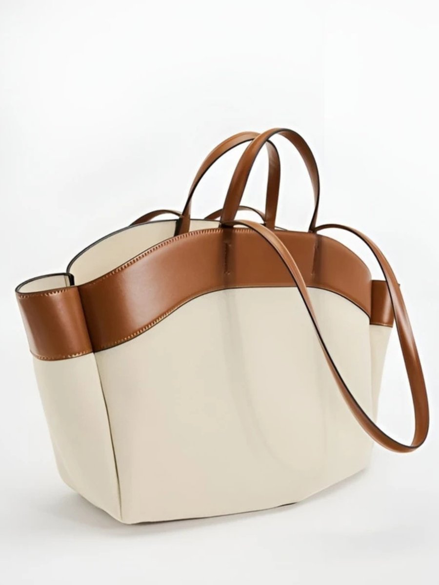 Women's Large Canvas Tote Bag with Leather Trim in Beige and Brown
