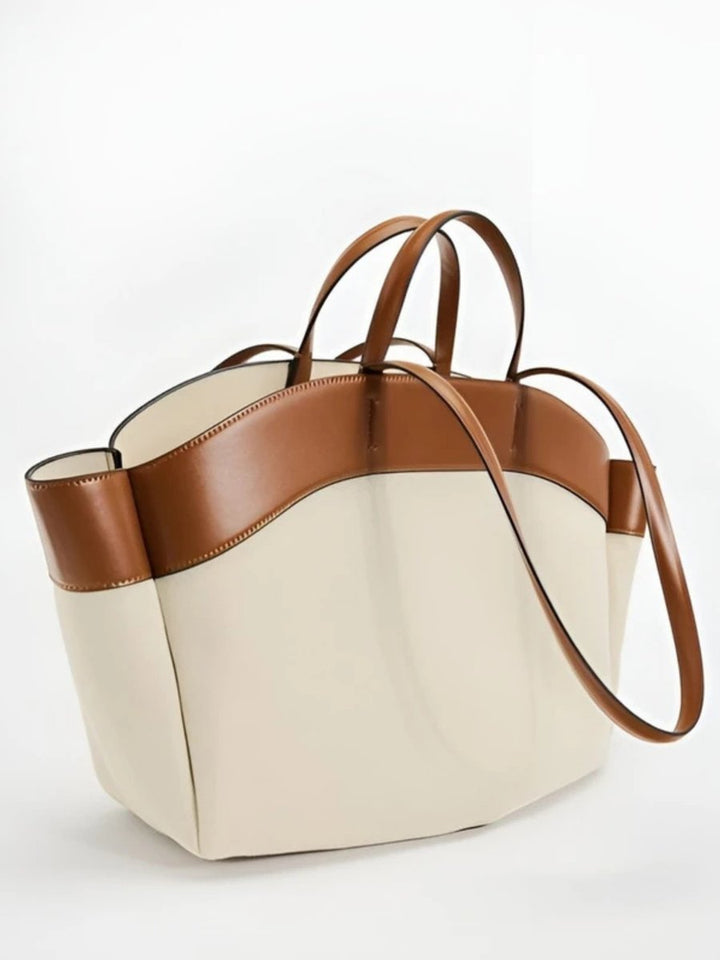 Women's Large Canvas Tote Bag with Leather Trim in Beige and Brown