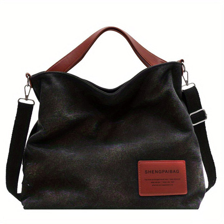 Women's Large Slouchy Canvas Bag with Adjustable Strap in Black