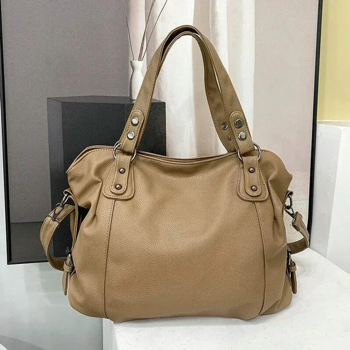 Women's Large Slouchy Studded Faux Leather Shoulder Bag in Beige