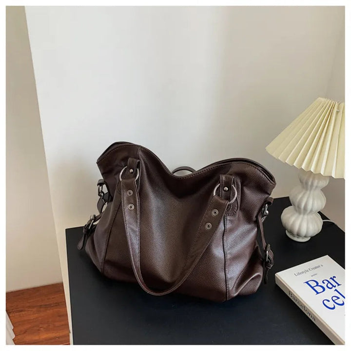 Women's Large Slouchy Studded Faux Leather Shoulder Bag in Brown