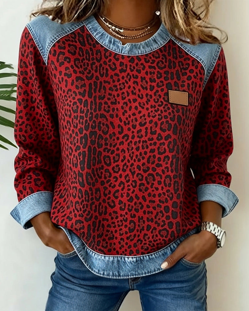 Women's Leopard Print Patchwork Pullover in Red