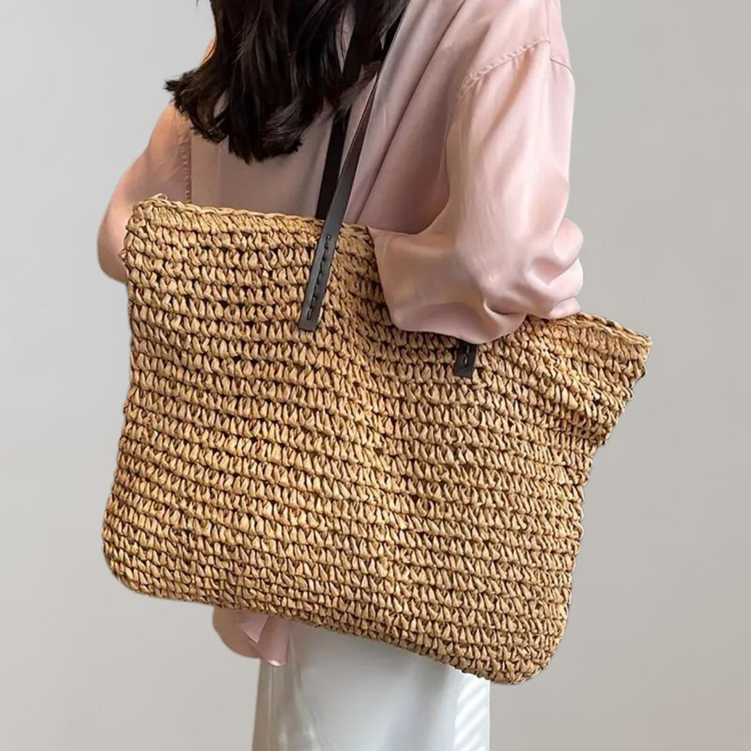 Women's Lightweight Woven Raffia Boho Beach Bag in Khaki