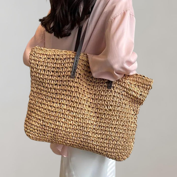 Women's Lightweight Woven Raffia Boho Beach Bag in Khaki