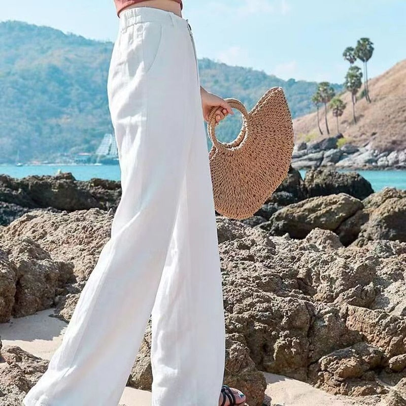 Women's Linen High-Waist Pants with Wide Leg (2)