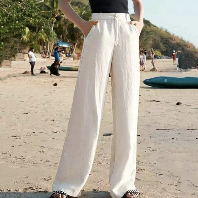 Women's Linen High-Waist Pants with Wide Leg in Beige