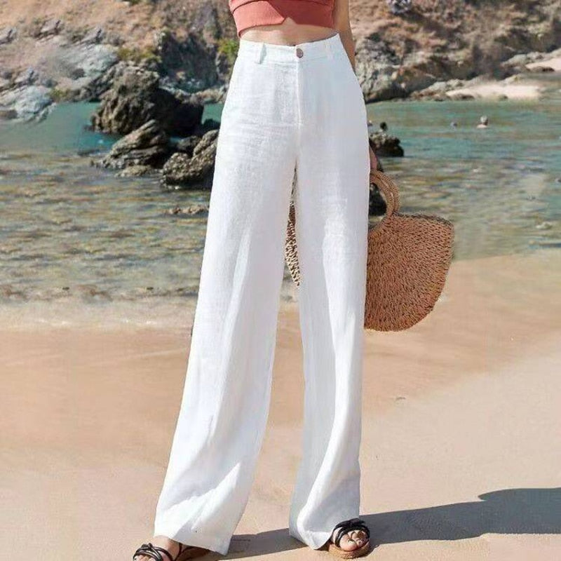 Women's Linen High-Waist Pants with Wide Leg in White