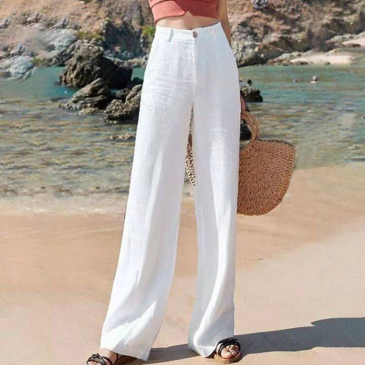 Women's Linen High-Waist Pants with Wide Leg in White