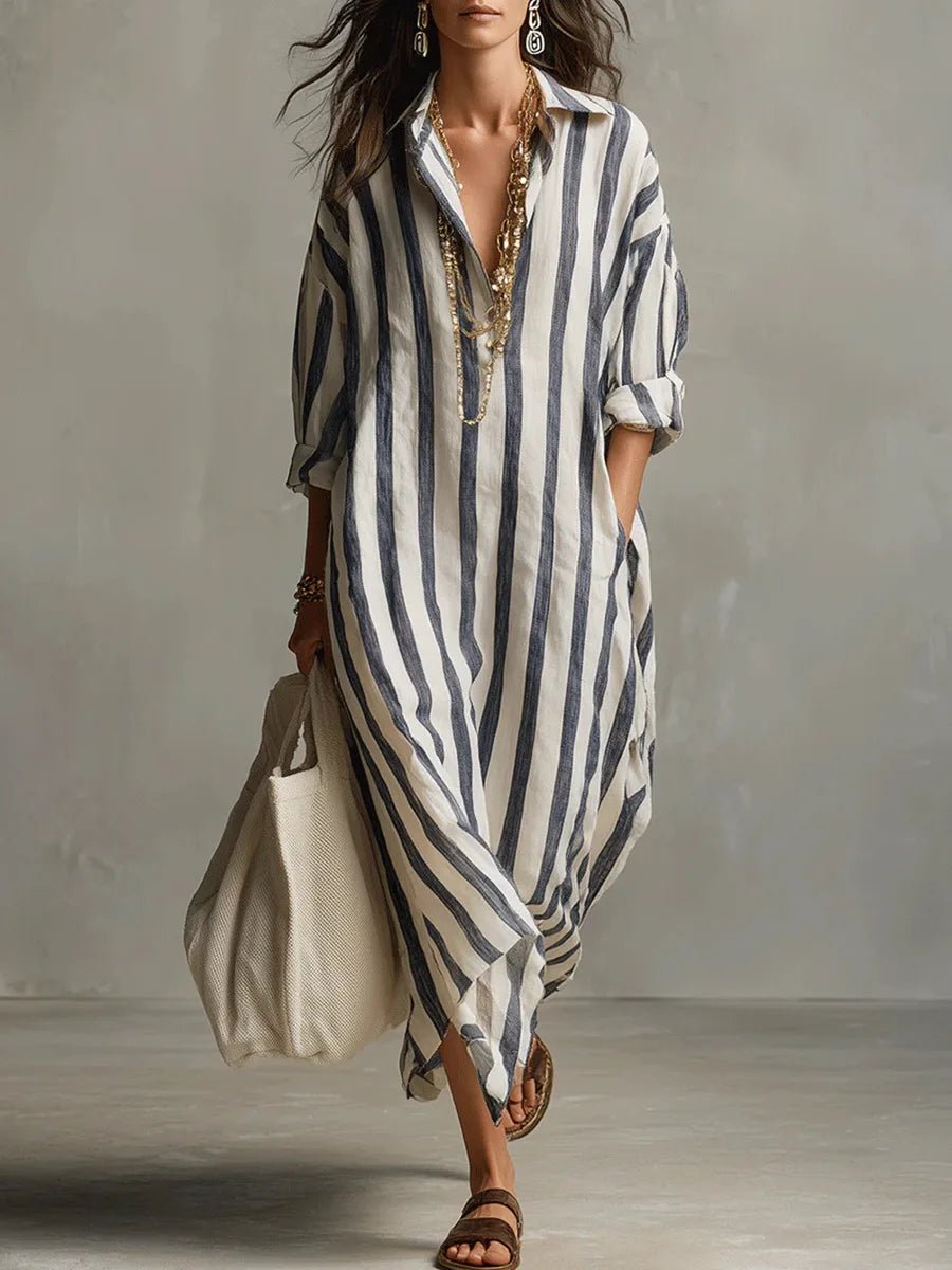 Women's Linen Maxi Boho Dress for Summer in Blue