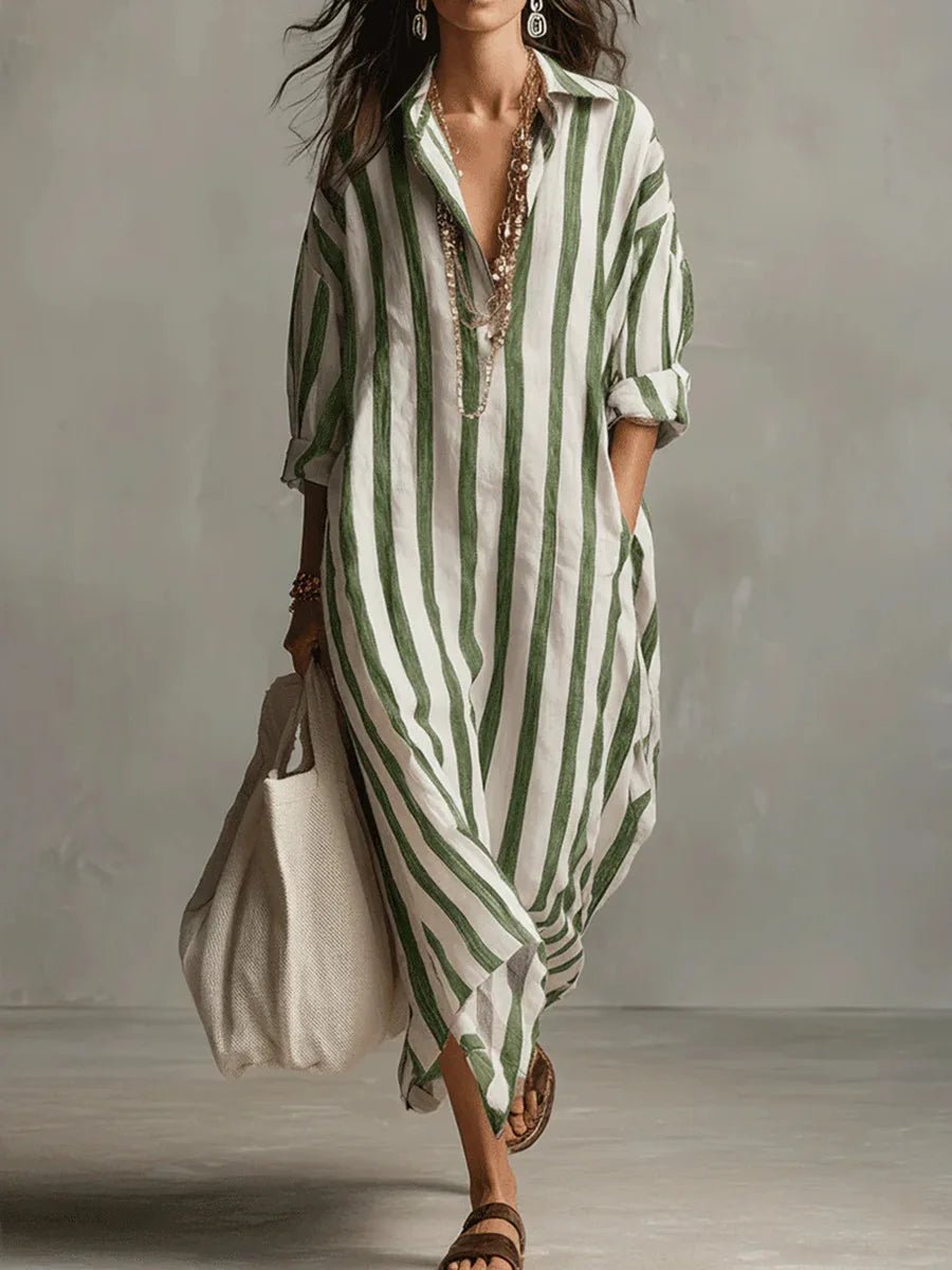 Women's Linen Maxi Boho Dress for Summer in Green 1