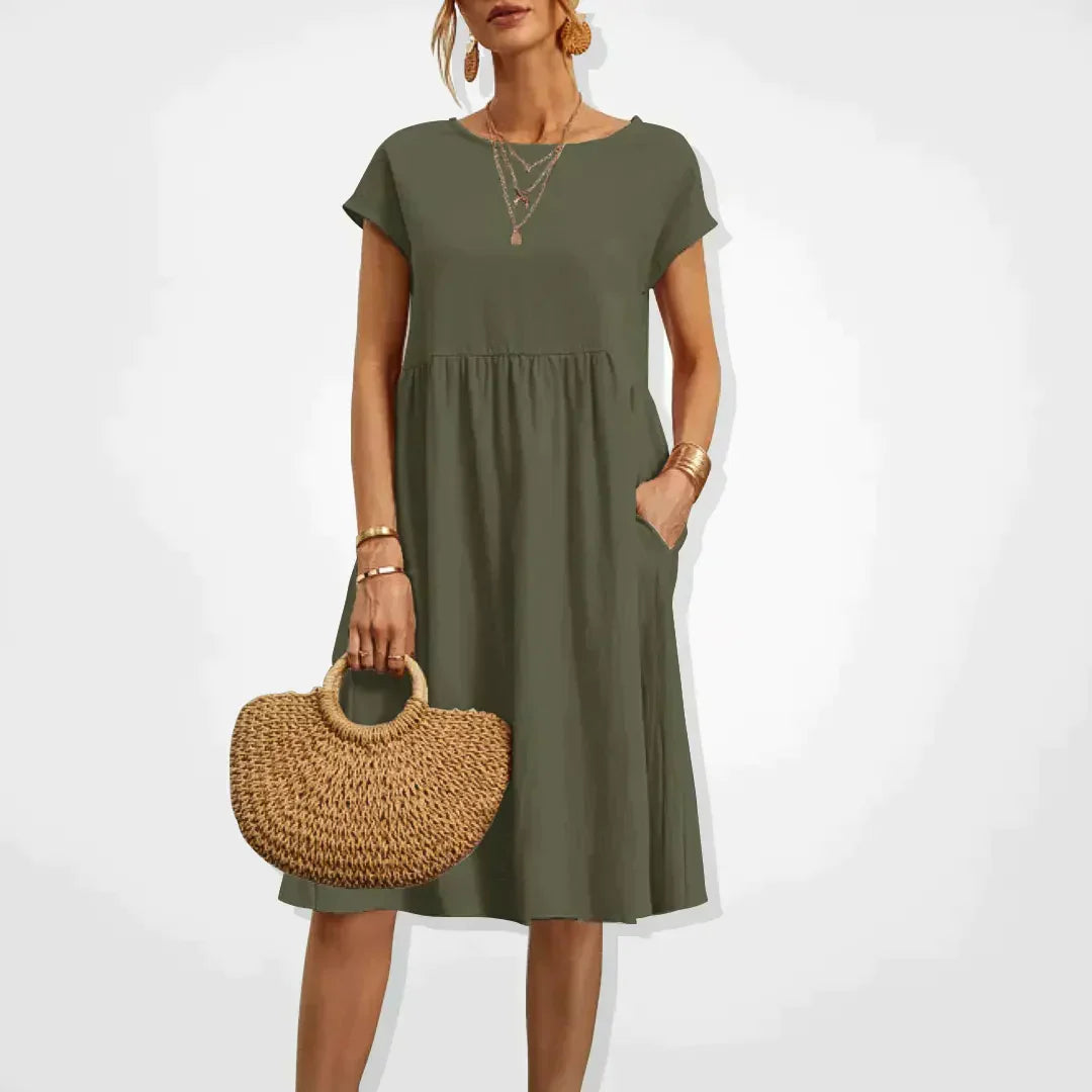 Women's Linen Midi Dress for Wedding Guests in Green